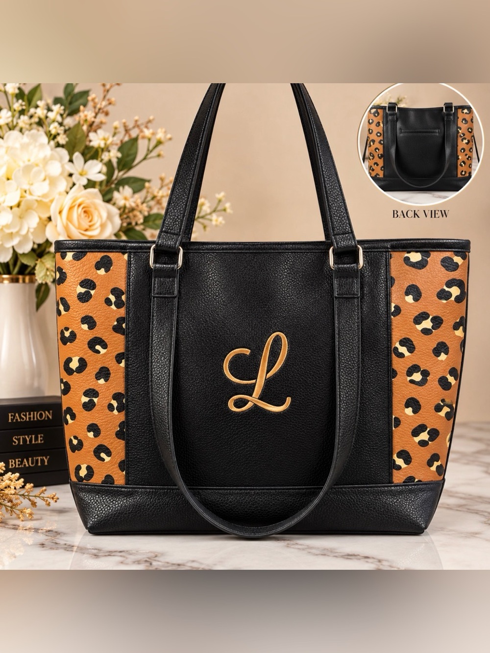 Monogrammed Black & Tan Leopard Tote Bag NWOT